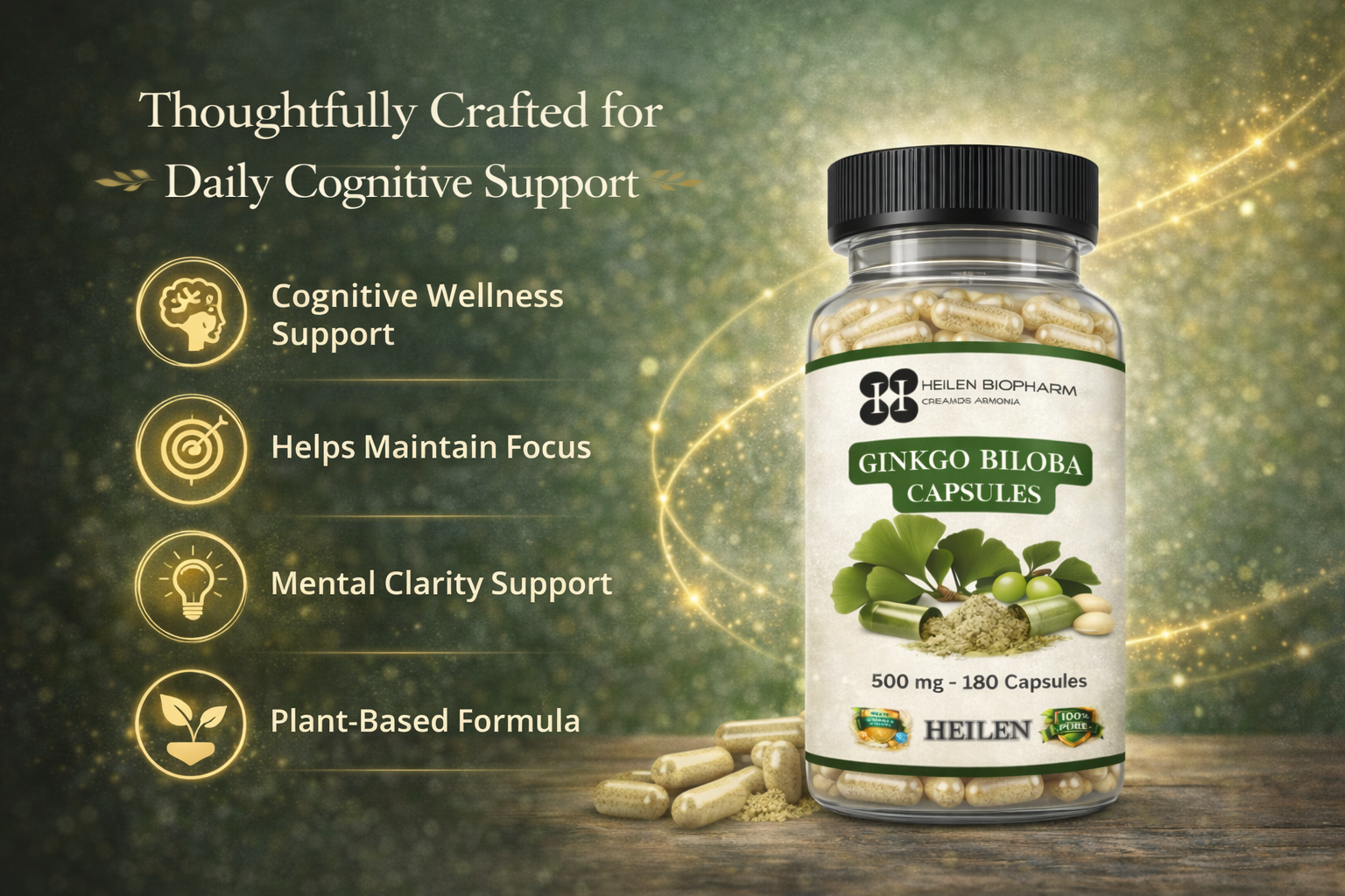 Heilen Biopharm Ginkgo Biloba Capsules 500 mg | 180 Capsules | Plant-Based Capsules | No Artificial Colours or Preservatives | Herbal Wellness Supplement