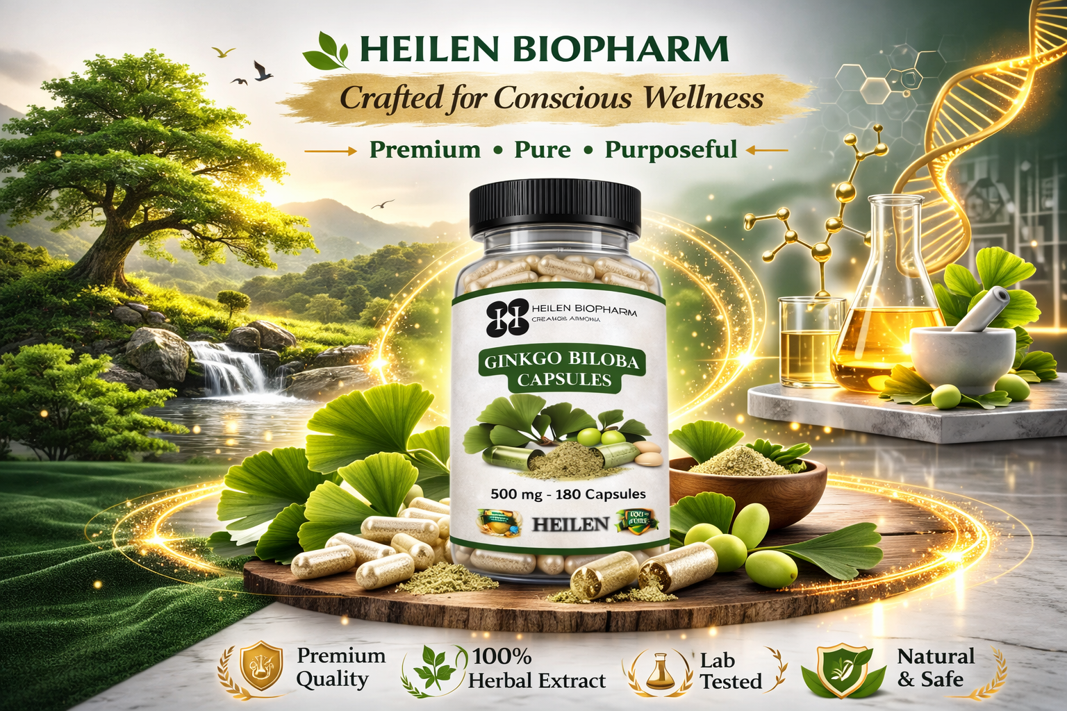 Heilen Biopharm Ginkgo Biloba Capsules 500 mg | 180 Capsules | Plant-Based Capsules | No Artificial Colours or Preservatives | Herbal Wellness Supplement
