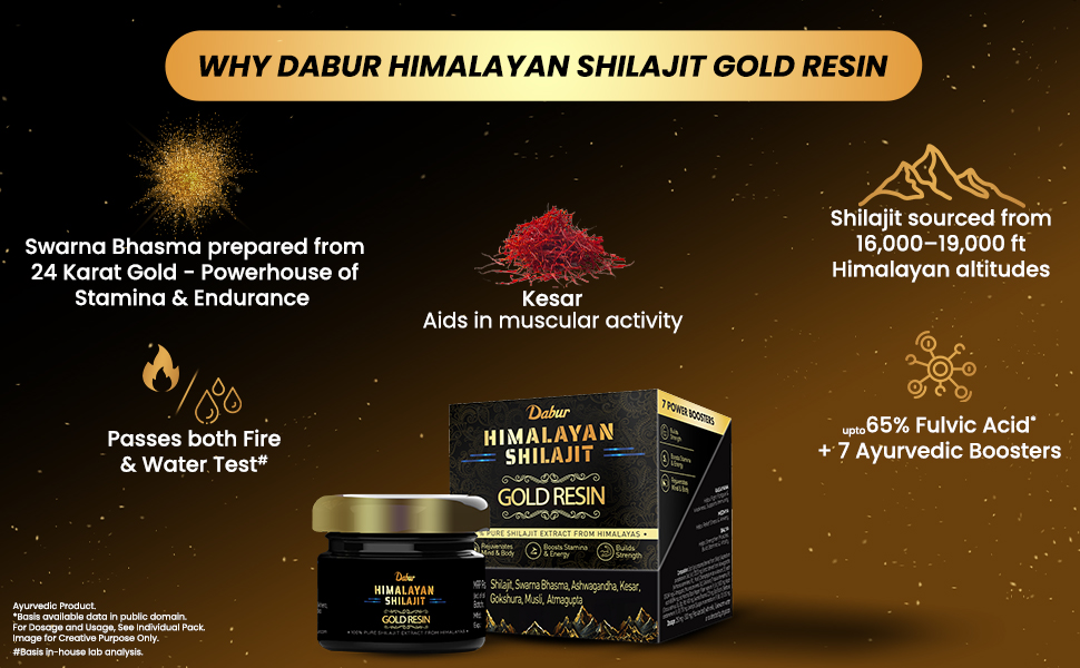 Dabur Himalayan Shilajit/Shilajeet Gold Resin - 20g | 500mg/Serving | 40 Servings | Contains 24 Karat Gold | 7 Ayurvedic Boosters | Boosts Muscle Growth & Stamina | 100% Ayurvedic