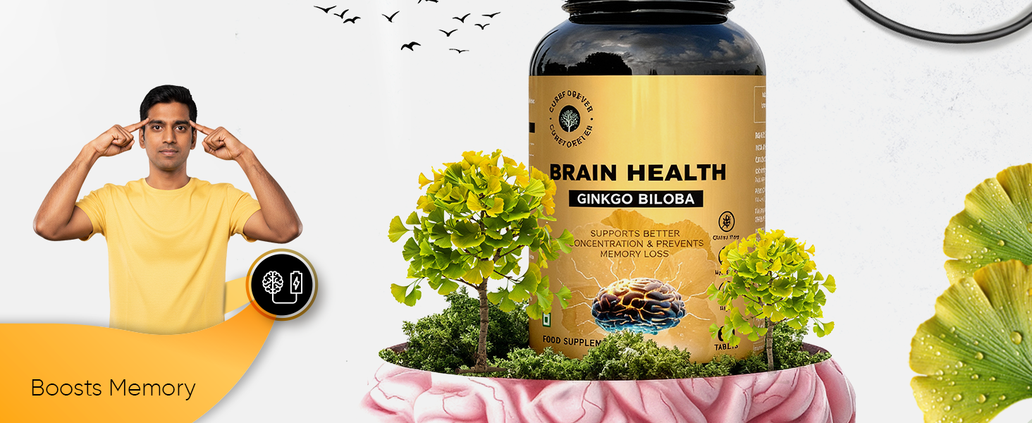 CUREFOREVER Ginkgo Biloba 240mg Tablets | Brain Health & Memory Support Supplement | Helps Improve Focus, Mental Clarity & Concentration | Herbal Cognitive Support | 60 Tablets - 30 Days Supply