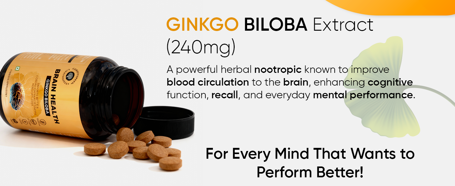 CUREFOREVER Ginkgo Biloba 240mg Tablets | Brain Health & Memory Support Supplement | Helps Improve Focus, Mental Clarity & Concentration | Herbal Cognitive Support | 60 Tablets - 30 Days Supply