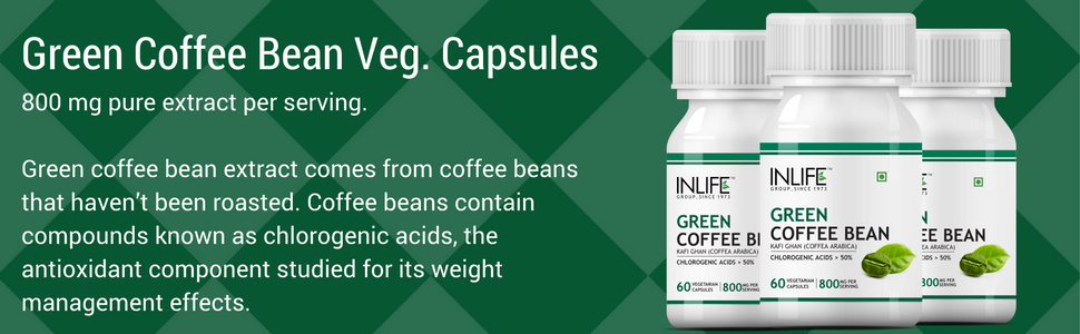 INLIFE Green Coffee Extract Supplement, 50% CGA, 800mg, 60 Veg Capsules