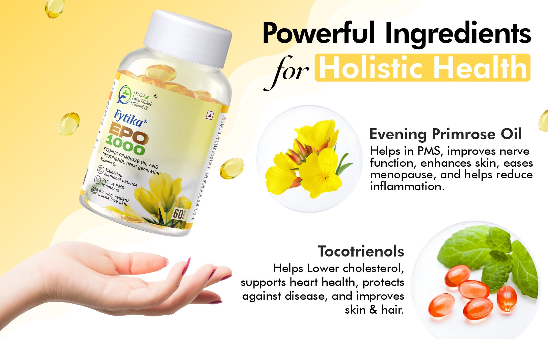Fytika Epo 1000 Evening Primrose Oil and Tocotrienol Capsules, For Healthy and Acne-free Skin, Helpful in PMS & Menopause, Natural Oil Extract, (60 Capsules, 2)