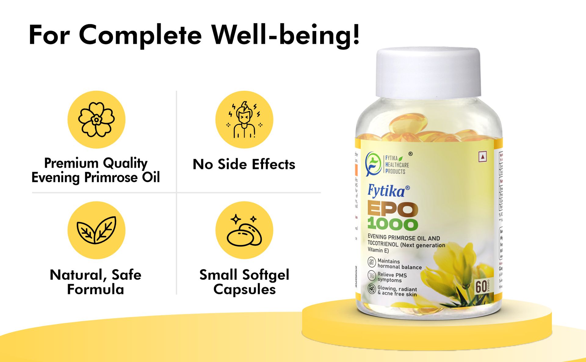 Fytika Epo 1000 Evening Primrose Oil and Tocotrienol Capsules, For Healthy and Acne-free Skin, Helpful in PMS & Menopause, Natural Oil Extract, (60 Capsules, 2)