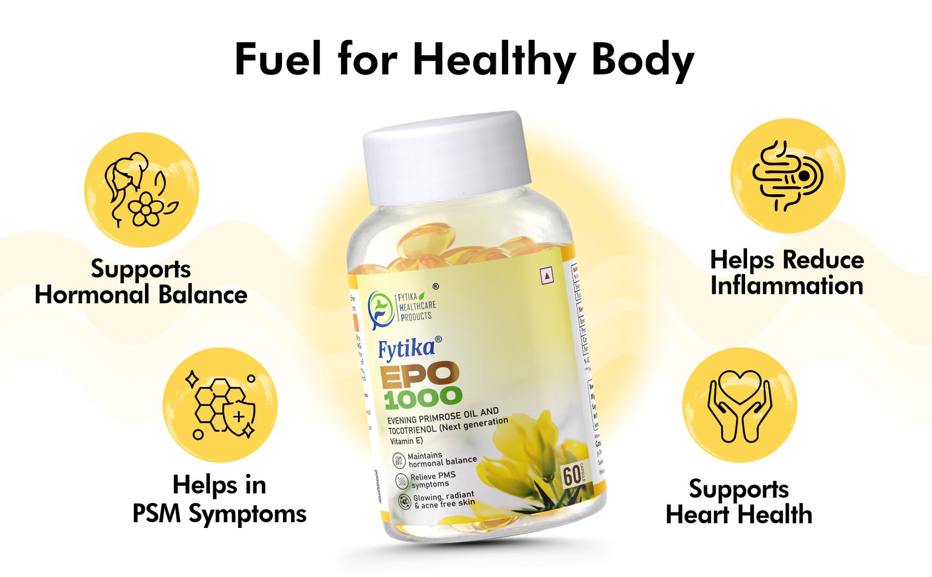 Fytika Epo 1000 Evening Primrose Oil and Tocotrienol Capsules, For Healthy and Acne-free Skin, Helpful in PMS & Menopause, Natural Oil Extract, (60 Capsules, 2)