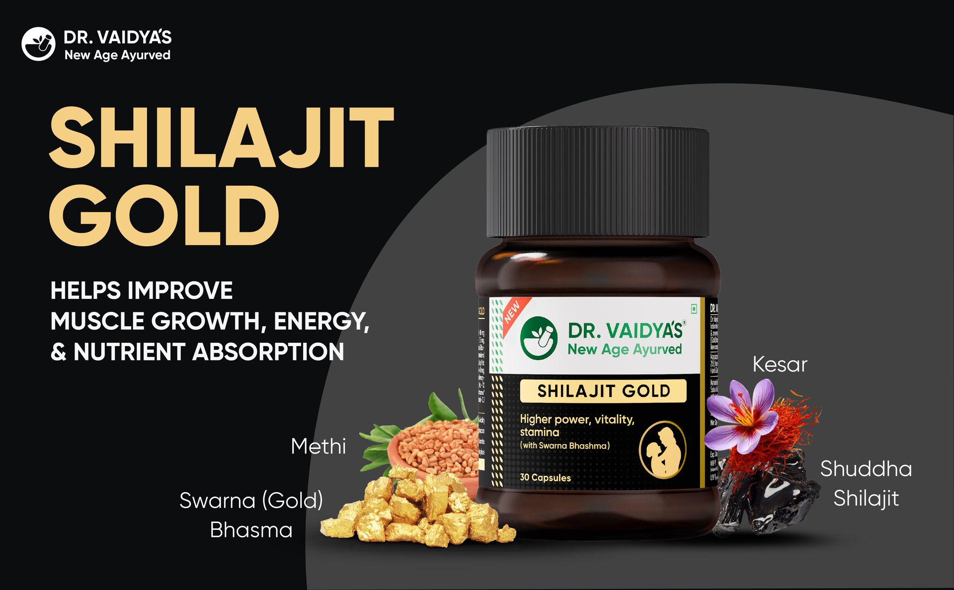 Dr. Vaidya’s Shilajit Gold Capsules for Men | Pure Himalayan Shuddha Shilajit, Ashwagandha, Swarna Bhasma, Gokshura & Fulvic Acid | Boosts Strength, Stamina, Energy & Vitality | 30 Capsules -Pack of 1