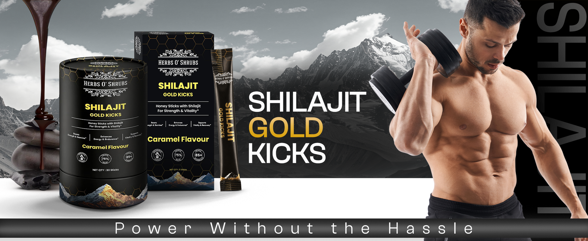 Herbs O' Shrubs Shilajit Resin Gold Kicks-40gm for Men | 5 Sticks (Pack of 1, Each 8gm) | Boost Strength | Natural Energy & Immunity Support | Ayurvedic Sheelajit Supplement with Organic Honey 7.58g & Caramel