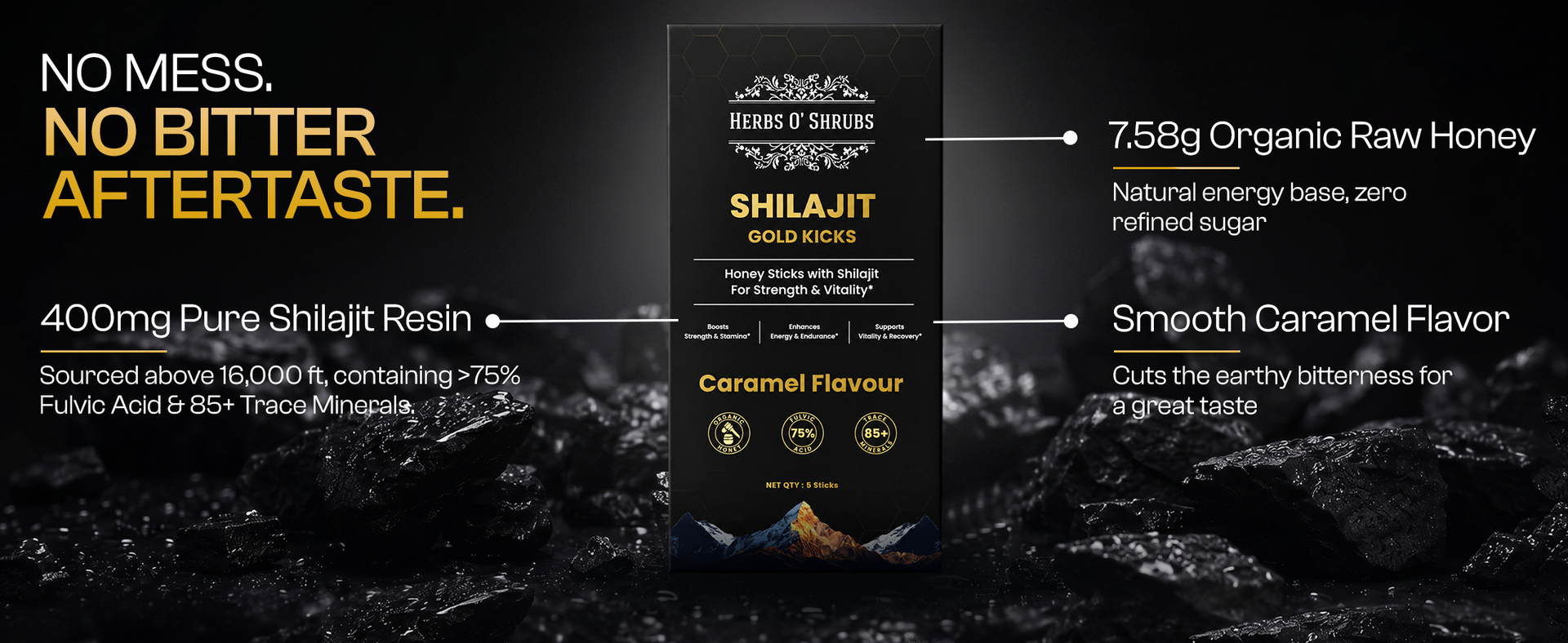 Herbs O' Shrubs Shilajit Resin Gold Kicks-40gm for Men | 5 Sticks (Pack of 1, Each 8gm) | Boost Strength | Natural Energy & Immunity Support | Ayurvedic Sheelajit Supplement with Organic Honey 7.58g & Caramel