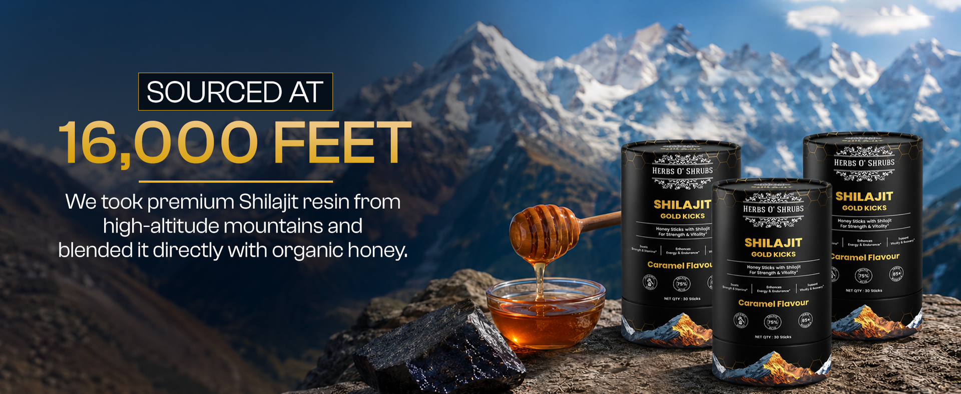 Herbs O' Shrubs Shilajit Resin Gold Kicks-40gm for Men | 5 Sticks (Pack of 1, Each 8gm) | Boost Strength | Natural Energy & Immunity Support | Ayurvedic Sheelajit Supplement with Organic Honey 7.58g & Caramel
