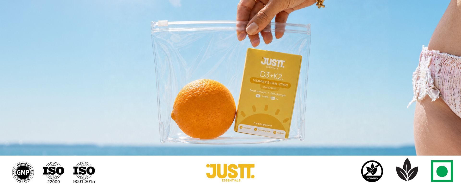 JUSTT ESSENTIALS Vitamin D3 Oral Strips | Daily Wellness Made Easy | Orange Burst Flavour | Fast Dissolving | Sugar Free | No Water Needed | 30 Strips
