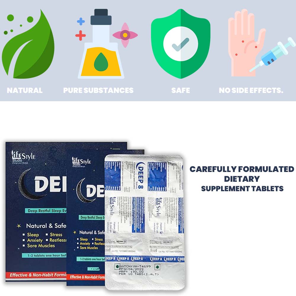 DEEP 8 Tablet Natural & Safe Support For Deep Restful Sleep | Stress | Anxiety | Irritaion (10 Tablets) (Pack of 3)