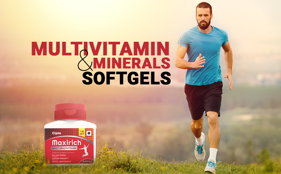 Cipla Maxirich Daily Multivitamin (30 Capsules) For Men & Women With Essential Nutrients, Vitamins, Minerals, Anti-oxidants For Building Immunity & Energy (Bottle Pack)