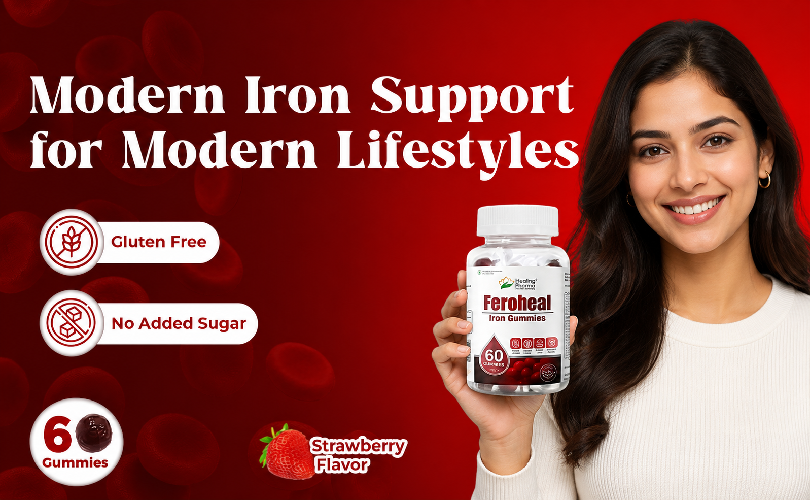 Healing Pharma - Feroheal Iron Gummies for Women | Liposomal Iron 50mg + Vitamin C | Boosts Hemoglobin, Energy & Stamina | No Added Sugar | Gluten Free | 60 Veg Gummies – Strawberry Flavour