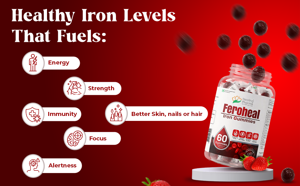 Healing Pharma - Feroheal Iron Gummies for Women | Liposomal Iron 50mg + Vitamin C | Boosts Hemoglobin, Energy & Stamina | No Added Sugar | Gluten Free | 60 Veg Gummies – Strawberry Flavour