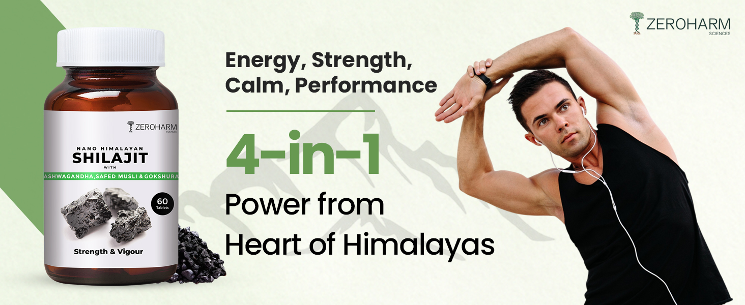 ZEROHARM Nano Himalayan Shilajit With Ashwagandha, Safed Musli & Goksura | Boosts Fitness, Stamina | Improves Energy, Performance & Helps Manage Stress | For Men and Women | 60 Shilajit Tablets
