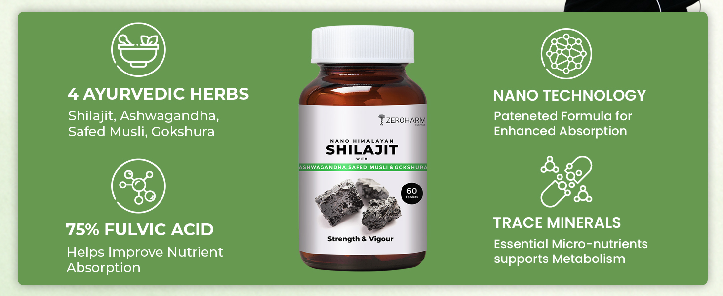 ZEROHARM Nano Himalayan Shilajit With Ashwagandha, Safed Musli & Goksura | Boosts Fitness, Stamina | Improves Energy, Performance & Helps Manage Stress | For Men and Women | 60 Shilajit Tablets