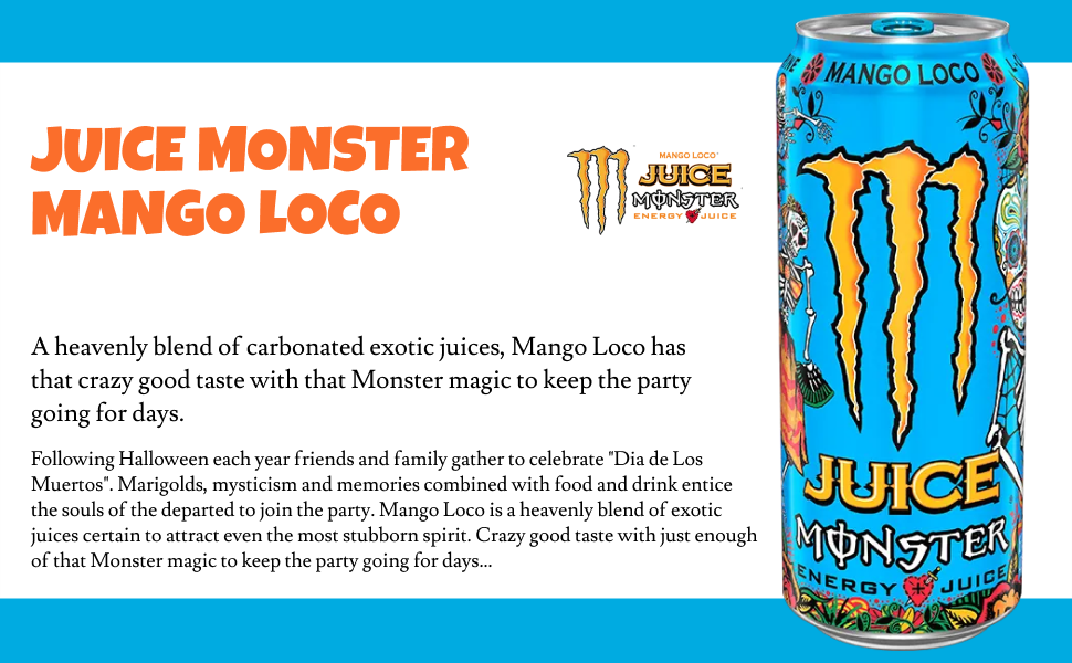 Monster® Mango Loco Energy + Juice Carbonated Energy Drink | L-Carnitine + Inositol + B Vitamins + Taurine, 16.91 fl oz ℮ 500 ml, 12 Pack