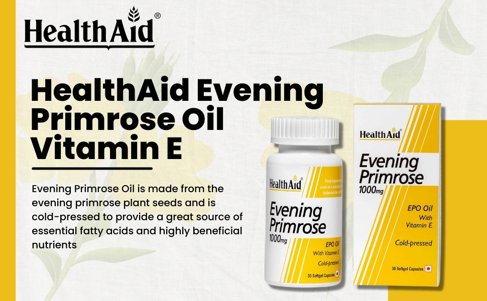 HealthAid Evening Primrose Oil 1000mg with Vitamin E | Supports Skin Health & Hormonal Balance | Rich Source of Omega-6 | 60 Softgel Capsules