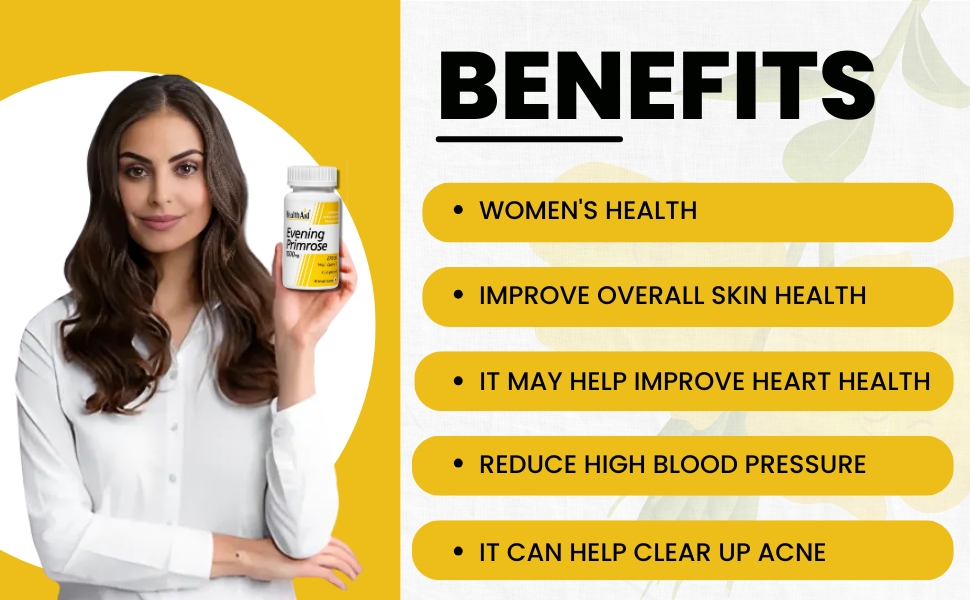 HealthAid Evening Primrose Oil 1000mg with Vitamin E | Supports Skin Health & Hormonal Balance | Rich Source of Omega-6 | 60 Softgel Capsules