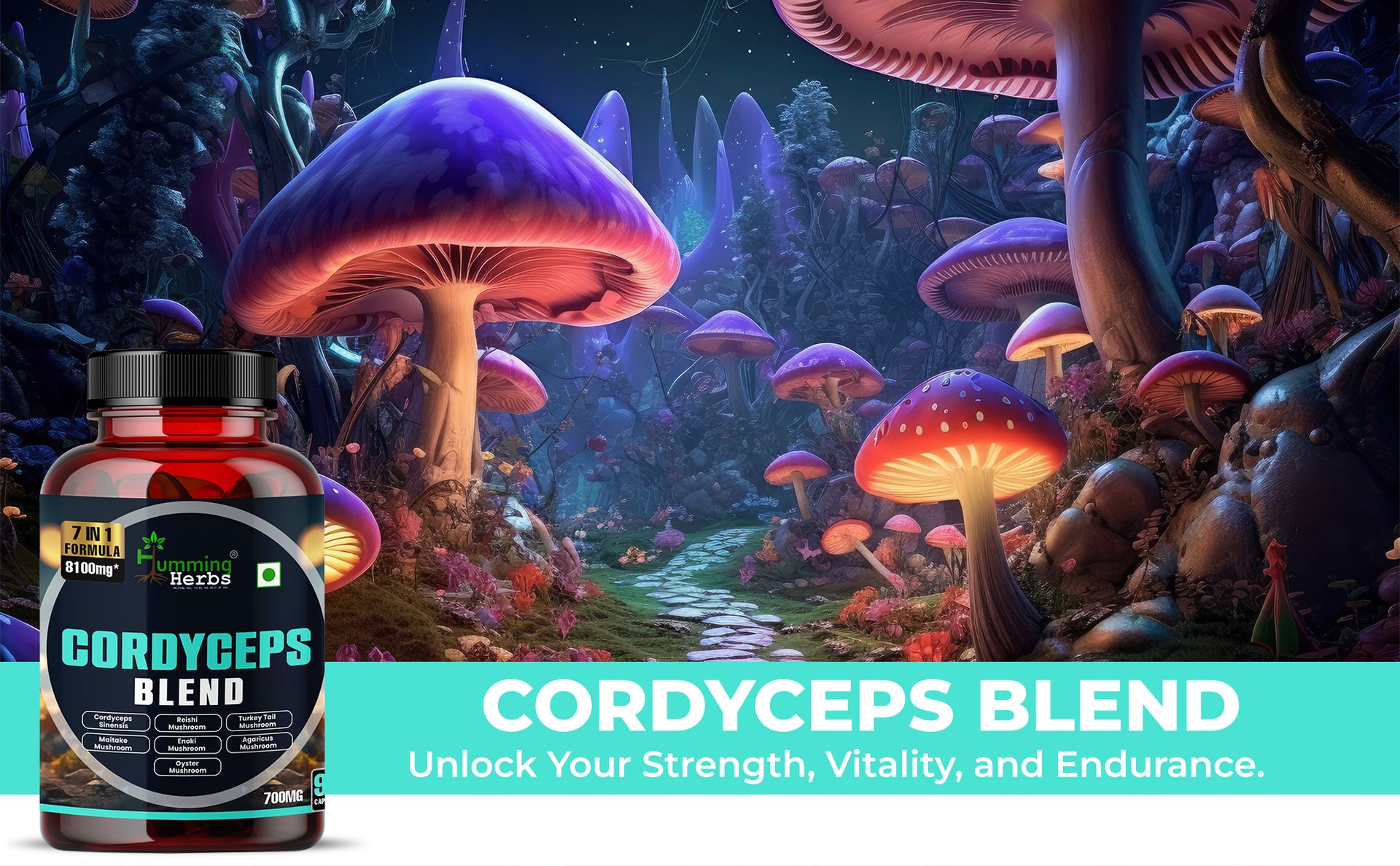 Humming Herbs Cordyceps sinensis Keeda Jadi supplement 8100mg with Reishi, Chaga, Enoki, Oyster & Maitake Mushroom Supports Lungs detox and Immune Support 7in1 Formula - 90 Cap
