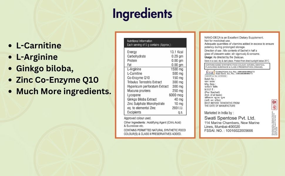 Nano Deca Orange Flavor 15 Sachet Of 5 Gm, L Carnitine, L Arginine, Co-Enzyme Q10, Tribulus Extract, Zinc,Ginko Biloba,Sugar Free