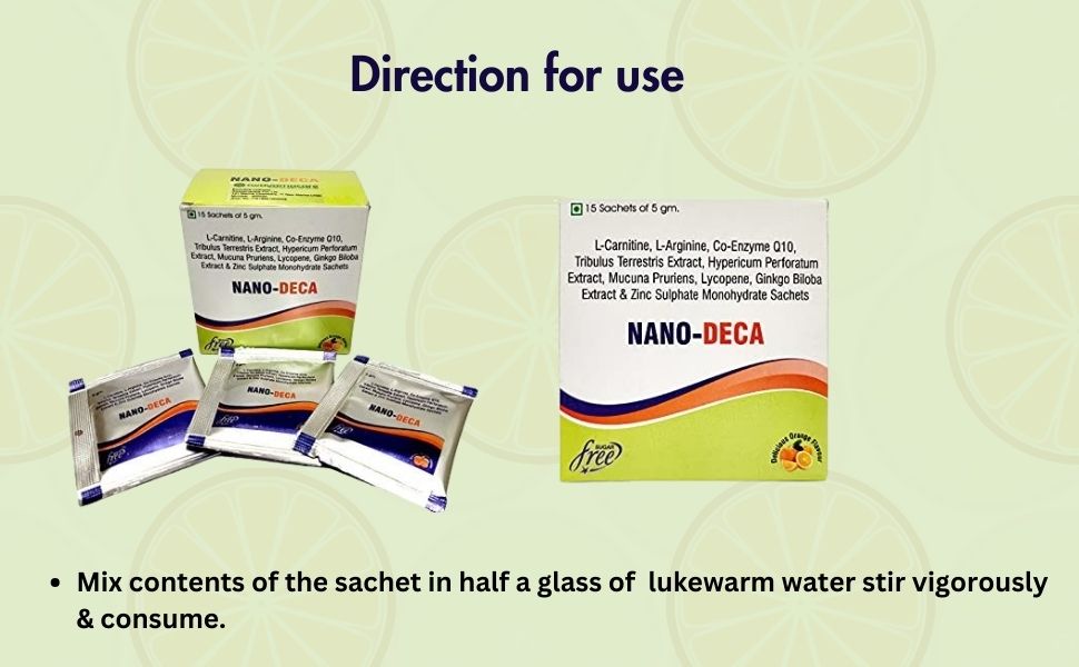 Nano Deca Orange Flavor 15 Sachet Of 5 Gm, L Carnitine, L Arginine, Co-Enzyme Q10, Tribulus Extract, Zinc,Ginko Biloba,Sugar Free