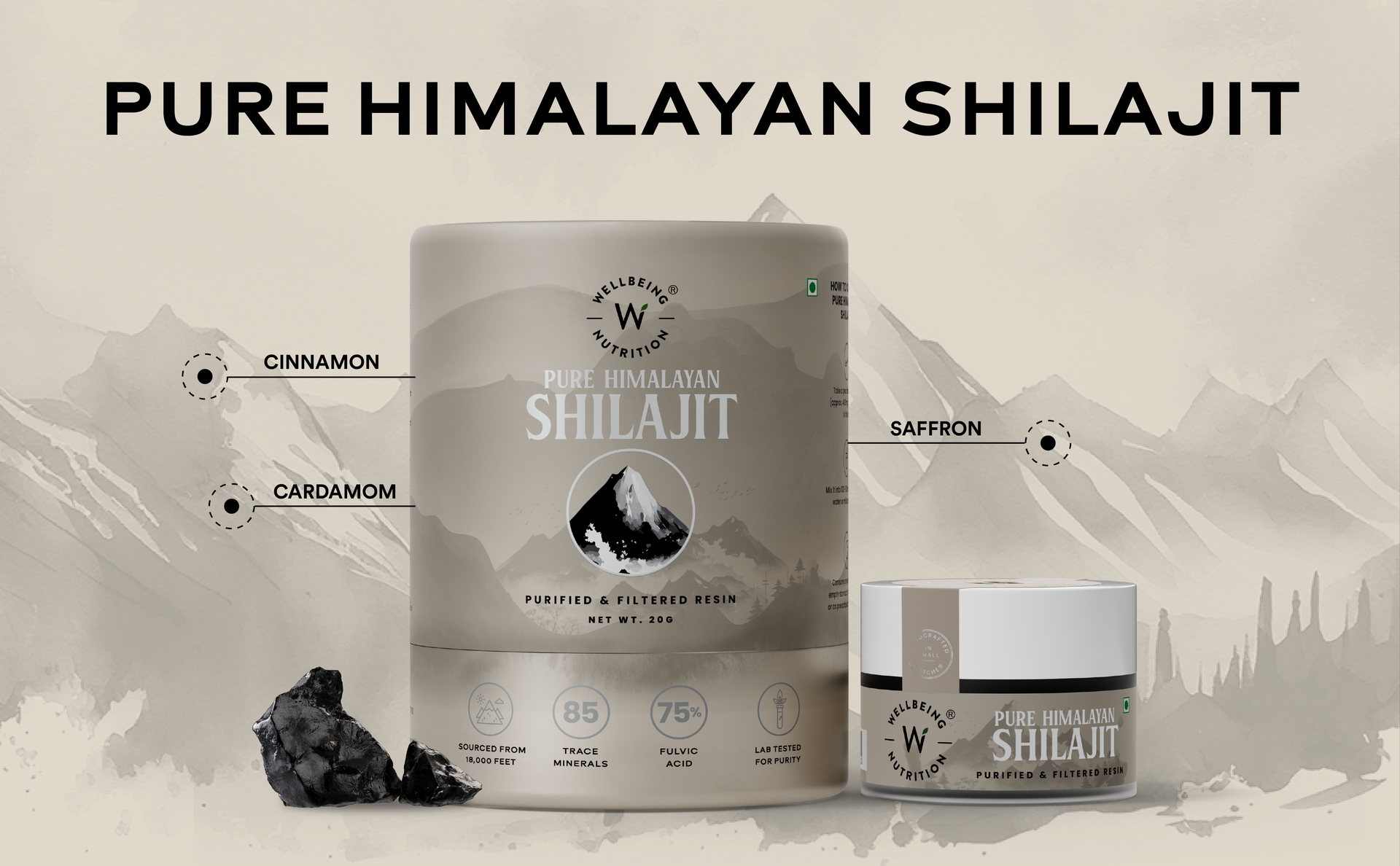 Wellbeing Nutrition Himalayan Shilajit Original Resin 20g for Men & Women with 75% Fulvic Acid & 85 Trace Minerals | 100% Ayurvedic | For Energy, Stamina, Muscle Growth Strength & Performance