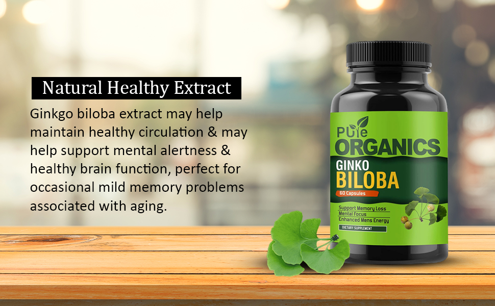 Pure Organics Ginkgo Biloba Capsules Herbal Supplement for Supports Brain Function and Mental Alertness, 60 Capsules