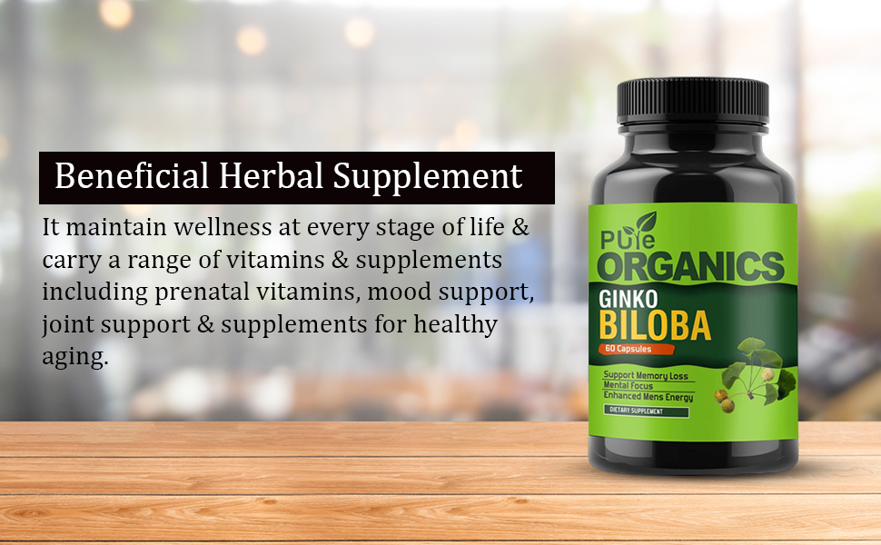 Pure Organics Ginkgo Biloba Capsules Herbal Supplement for Supports Brain Function and Mental Alertness, 60 Capsules