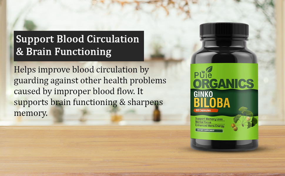 Pure Organics Ginkgo Biloba Capsules Herbal Supplement for Supports Brain Function and Mental Alertness, 60 Capsules