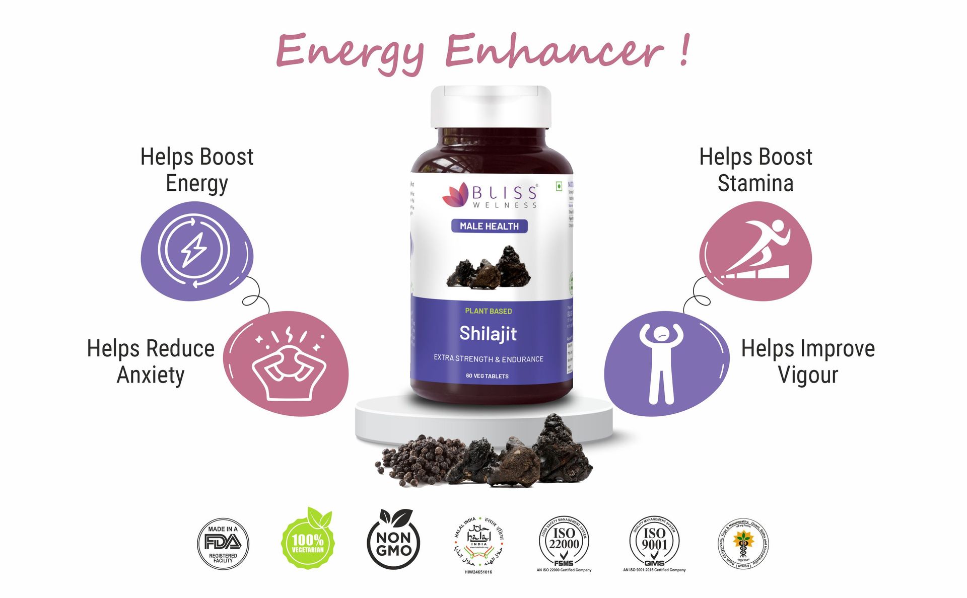 Bliss Welness Pure Himalayan Shilajit Extract | Shuddh Shilajeet 1000mg | Enhanced Stamina Power Strength Vitality Vigor & Endurance Performance Booster Ayurvedic Herbal Supplement - 60 Veg Tablets