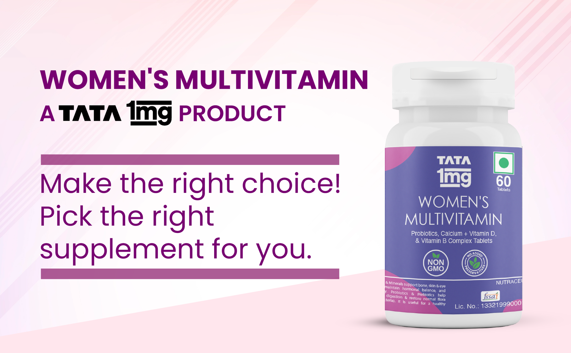 Tata 1mg Womens Multivitamin Veg Tablet with Zinc,Vitamin C,Calcium,Vitamin D & Iron Support Health Protection,Bones & Overall Health For Women (Pack Of 30 Tablets), 52 grams