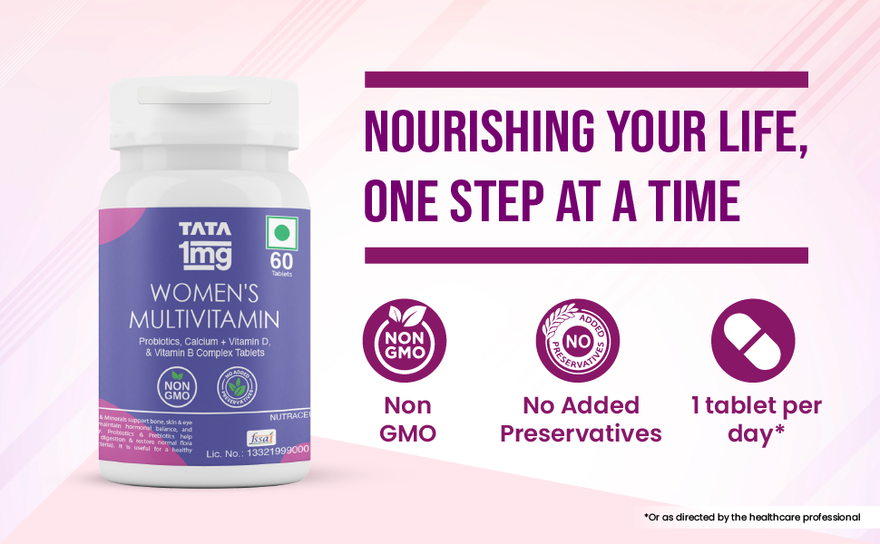 Tata 1mg Womens Multivitamin Veg Tablet with Zinc,Vitamin C,Calcium,Vitamin D & Iron Support Health Protection,Bones & Overall Health For Women (Pack Of 30 Tablets), 52 grams