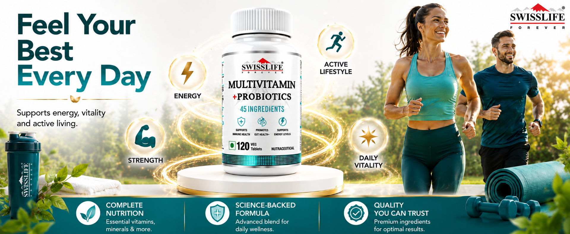 Swisslife Forever Multivitamin with Probiotics - 45 ingredients for men and women| Vit.A, B vitamins, C, D, E | Biotin, Zinc, Vitamins, Minerals and Giloy (120 Veg Tablets)