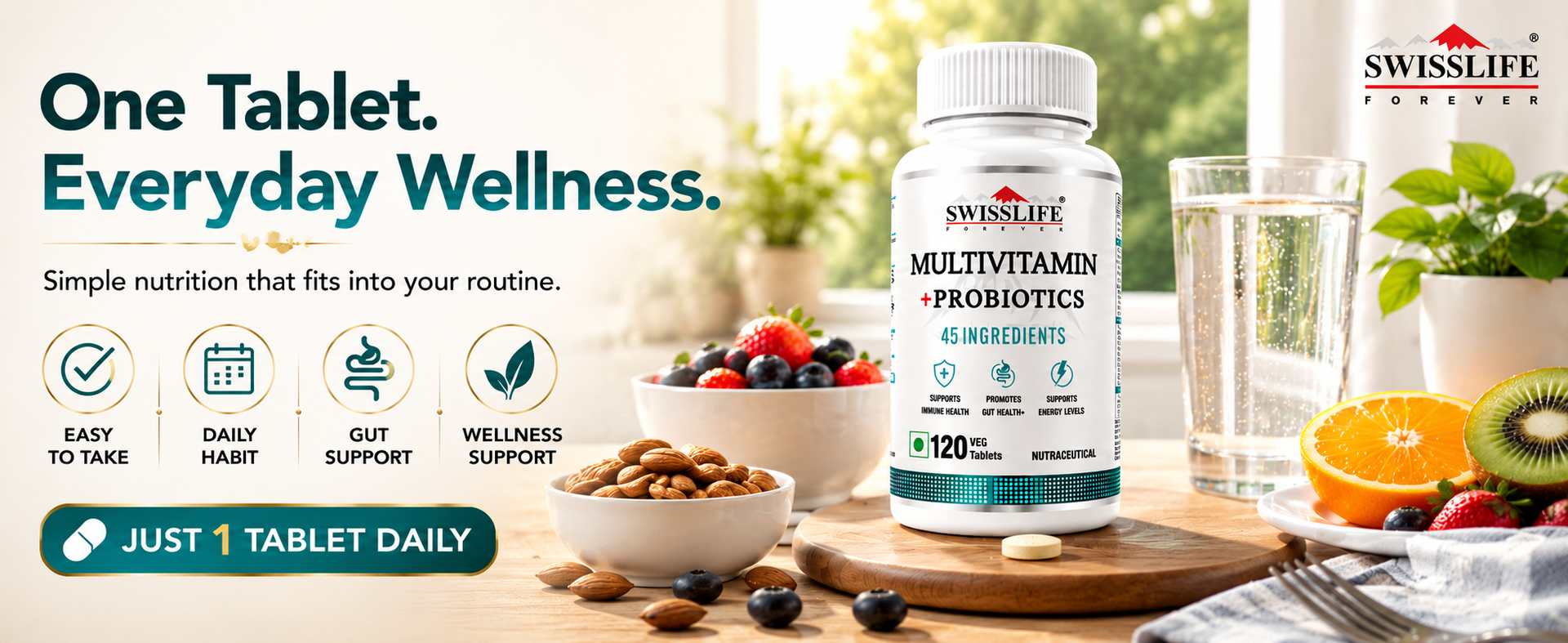 Swisslife Forever Multivitamin with Probiotics - 45 ingredients for men and women| Vit.A, B vitamins, C, D, E | Biotin, Zinc, Vitamins, Minerals and Giloy (120 Veg Tablets)