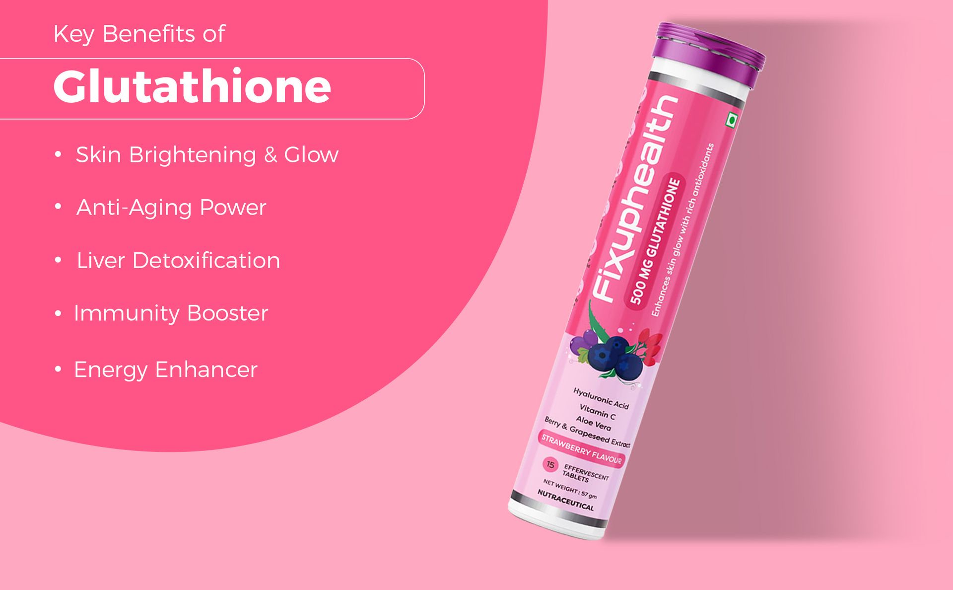 Fixuphealth Glutathione Tablets for Skin Whitening 500mg with Vitamin C & Hyaluronic Acid | L Glutathione Effervescent Tablets for Skin Glow with Grape Seed, Aloe Vera & Berry Extracts | 15 Tablets