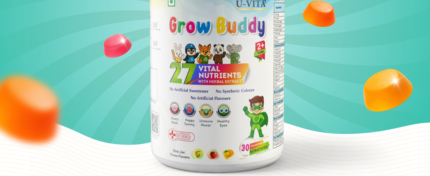 U-VITA Grow Buddy Multivitamin Gummies for Kids (2+ Years) | No Added Sugar | 27 Essential Vitamins, Minerals & Pure herbal extracts | 3 Flavours – Mango, Strawberry & Orange | 30 Gummies | Made in India and Formulated in the UK