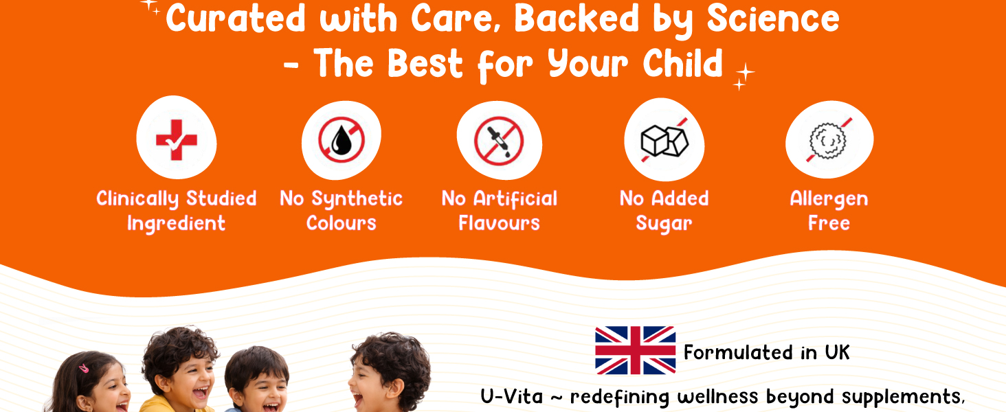 U-VITA Grow Buddy Multivitamin Gummies for Kids (2+ Years) | No Added Sugar | 27 Essential Vitamins, Minerals & Pure herbal extracts | 3 Flavours – Mango, Strawberry & Orange | 30 Gummies | Made in India and Formulated in the UK
