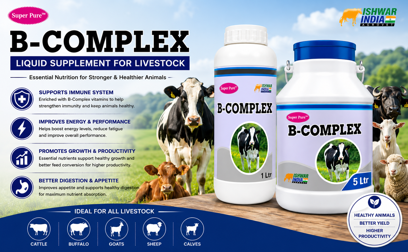 B-Complex Vitamin-B | Vitamin B Tonic for Cows, Goats, Buffaloes & Sheep | Boosts Immunity, Appetite & Nervous Health (1LTR)