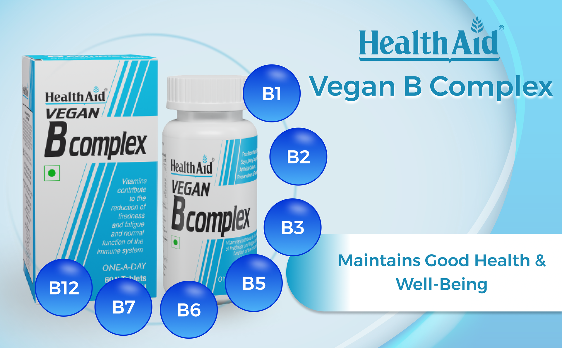 HealthAid Veg B-Complex Tablets with B1, B2, B3, B5, B6, B7 & B12 | Complete Vitamin B Complex Supplement for Energy, Metabolism & Nervous System Support | 60 Vegan Tablets for Men & Women