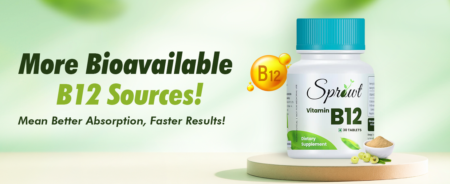 Sprowt Plant Based Vitamin B12 Tablets | Active form of Methylcobalamin Vitamin B12 Supplements for Men & Women | Improves Digestion and Nerve Health | 30 Tablets | Pack of 1