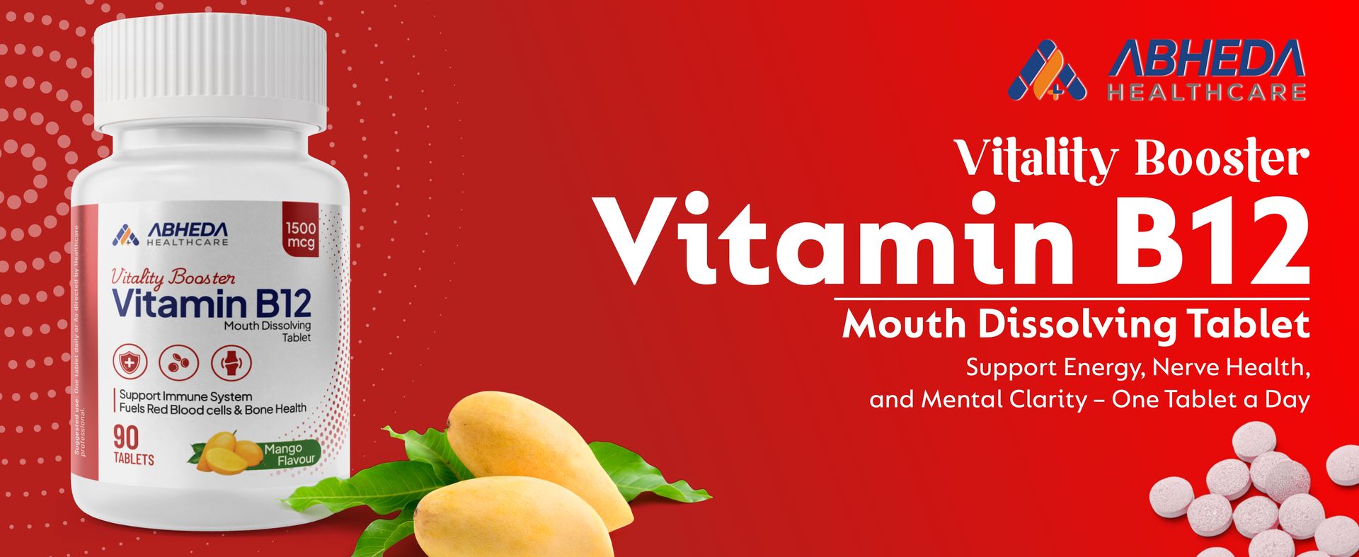 Vitamin B12 1500mcg Tablets - Fast Absorbing Mouth Dissolving Supplement - Delicious Mango Flavor - 180 Count - High Potency for Energy, Metabolism & Immune Support (Pack Of 2)
