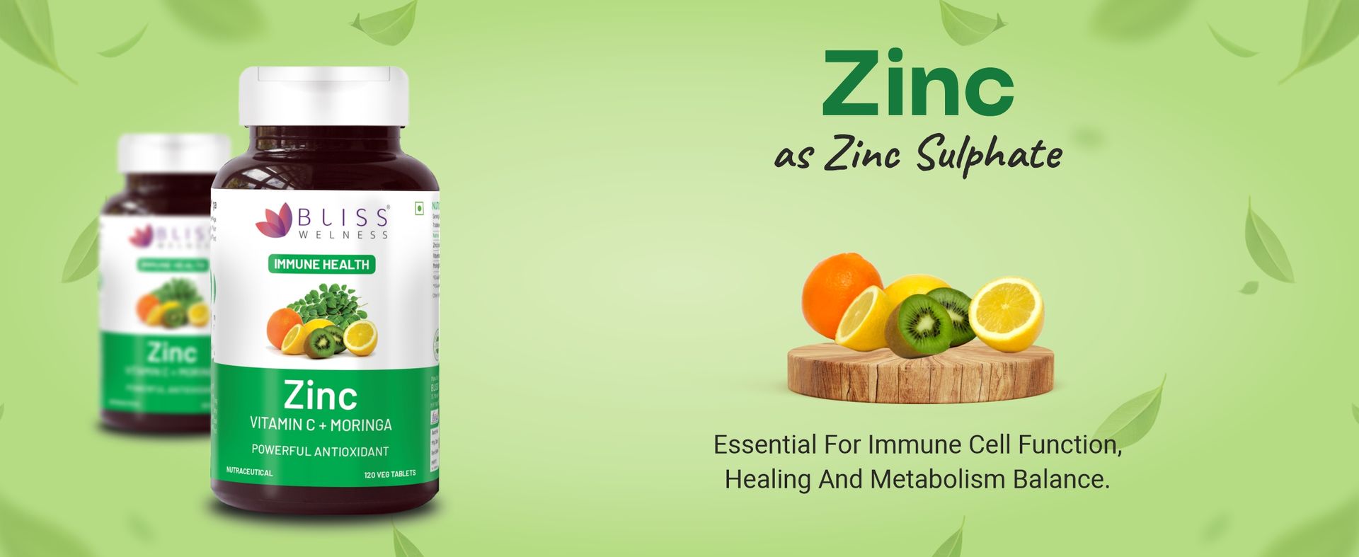 Bliss Welness Immunity Booster Skin Glow | Vitamin C + Zinc Citrate + Moringa Extract | Immune Boost Antioxidant Supplement - 120 Veg Tablets
