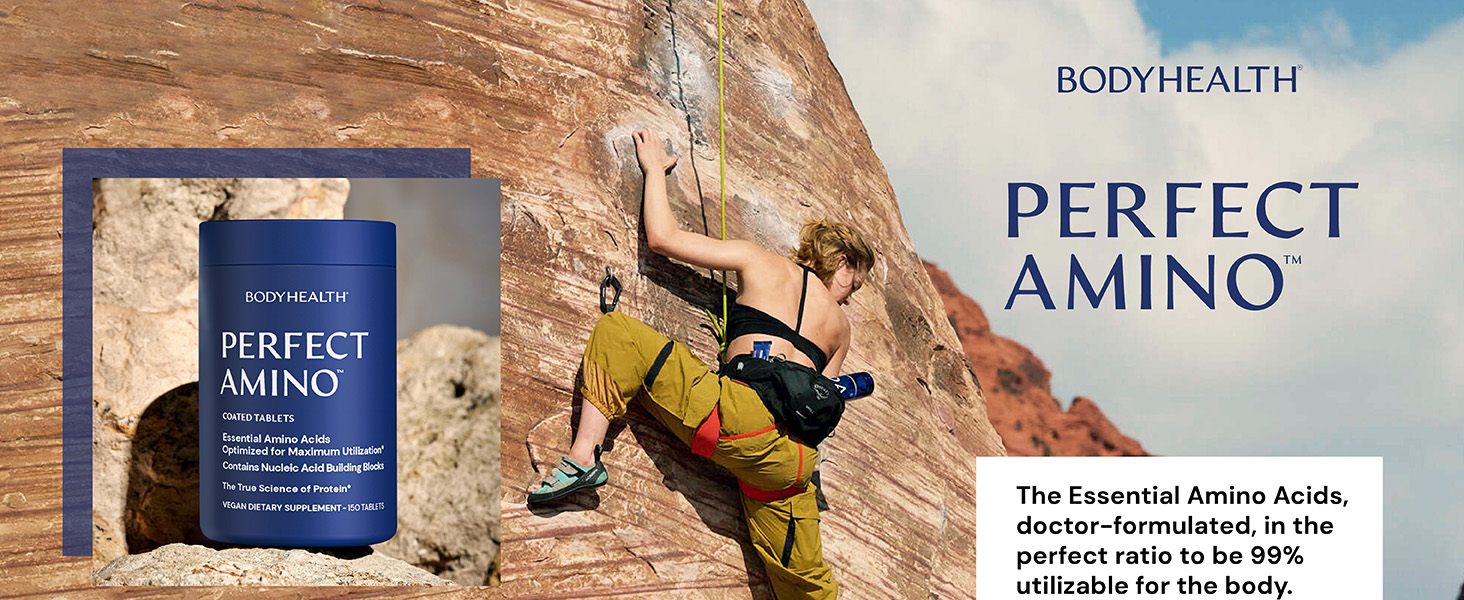 BodyHealth PerfectAmino (150 ct) Easy to Swallow Tablets, Essential Amino Acids Supplement with BCAAs, Vegan Protein for Pre/Post Workout & Muscle Recovery with Lysine, Tryptophan, Leucine, Methionine