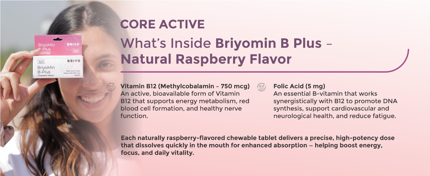 Briyomin B Plus: Folic Acid & Vitamin B12 Tablets - Supports Red Blood Cells, DNA Synthesis, and Nervous System Health - Natural Raspberry Flavored B9 & B12 Chewable Tablets (Pack of 50)