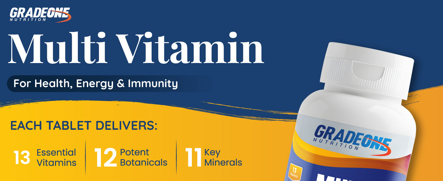 GradeOne Nutrition Multivitamin for Men | 13 Vitamins, 12 Botanicals & 11 Minerals | For Energy, Immunity & Overall Health | 60 Tablets | 100% Vegetarian