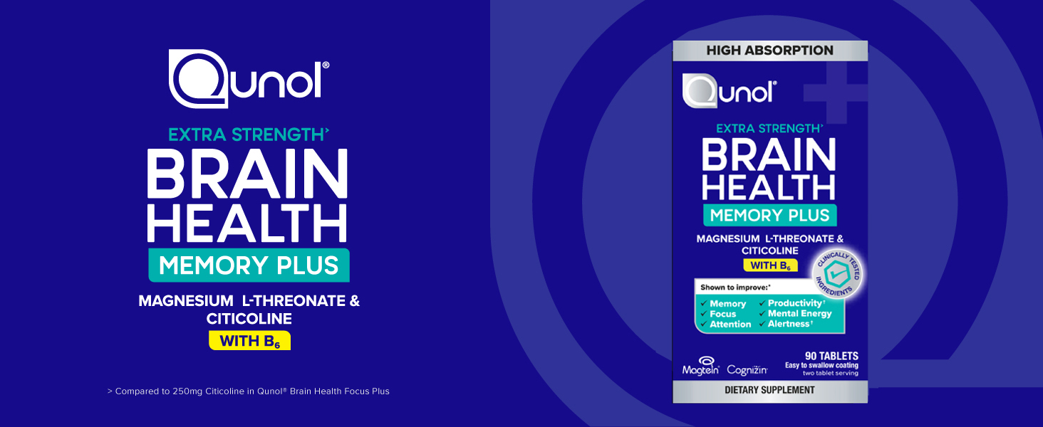 Qunol Brain Health Memory Plus w/Magtein, Cognizin & Vitamin B6, 90ct