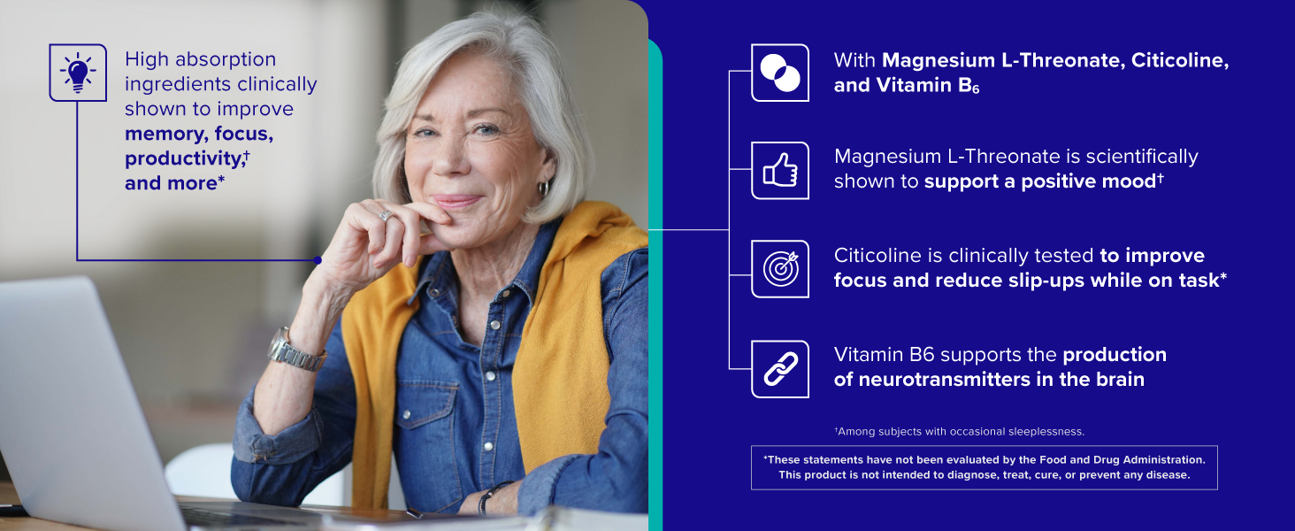 Qunol Brain Health Memory Plus w/Magtein, Cognizin & Vitamin B6, 90ct