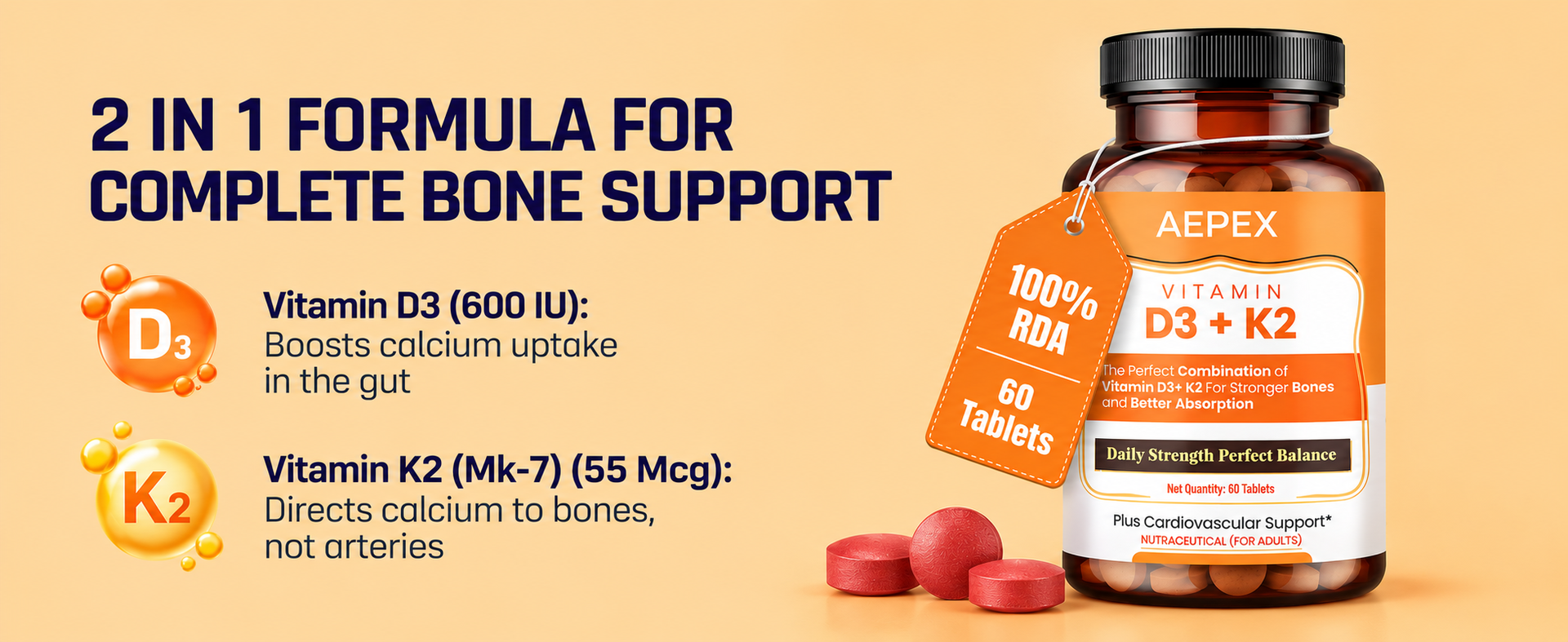 Vitamin D3 K2 Supplement | Vitamin K2 MK7 to support Bone & Heart Health | Veg D3-60 Tablets