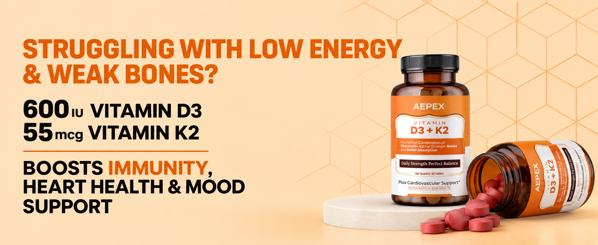 Vitamin D3 K2 Supplement | Vitamin K2 MK7 to support Bone & Heart Health | Veg D3-60 Tablets